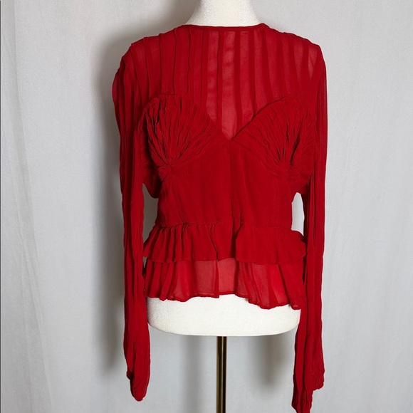 Farm Rio Red Pleated Peplum Shell Peplum Blouse Size L Long Sleeve Night Out EUC - Picture 2 of 13